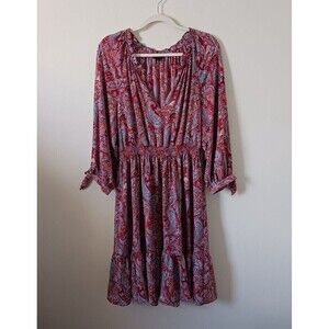 Talbots Midi Dress Fit Flare Smocked Waist Paisley Boho V Neck Long Sleeve Red M
